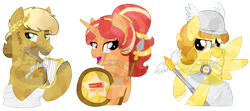 Size: 900x399 | Tagged: safe, artist:tambelon, oc, oc only, oc:deep dish, oc:hoof work, oc:mustard mark, crystal pony, earth pony, pegasus, pony, unicorn, clothes, colt, convention, crystallized, dishoof, female, hat, jewelry, lyre, male, mare, shield, spear, stallion, watermark, weapon