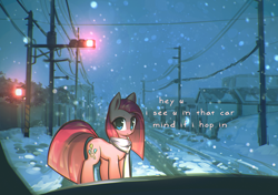 Size: 1700x1199 | Tagged: safe, artist:mirroredsea, edit, pinkie pie, earth pony, pony, caption, clothes, female, headlights, image macro, looking at you, mare, pinkamena diane pie, scarf, snow, snowfall, talking to viewer, text, text edit