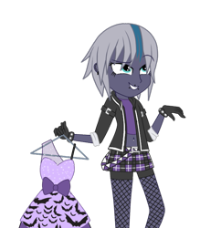 Size: 555x634 | Tagged: safe, artist:crownedz, oc, oc only, oc:elizabat stormfeather, equestria girls, belly button, bellyring, clothes, clothes hanger, dress, ear piercing, earring, equestria girls-ified, fishnet stockings, gloves, jacket, lip piercing, midriff, miniskirt, piercing, plaid, skirt, socks, solo, stockings, thigh highs, zettai ryouiki