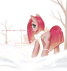 Size: 1323x1404 | Tagged: safe, artist:mirroredsea, edit, pinkie pie, earth pony, pony, clothes, female, looking at you, looking back, looking back at you, mare, pinkamena diane pie, rock farm, scarf, snow, snowfall, snowman, solo, text, text edit, winter