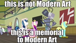 Size: 1920x1080 | Tagged: safe, edit, edited screencap, screencap, princess cadance, royal riff, sassaflash, shining armor, alicorn, pony, unicorn, a flurry of emotions, art exhibition, image macro, meme, modern art, sculpture, shield, the world's end, traditional art