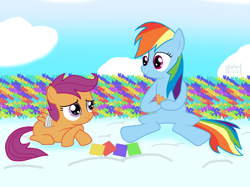 Size: 1152x860 | Tagged: safe, artist:phallen1, rainbow dash, scootaloo, pegasus, pony, bandage, cloud, origami, scootalove