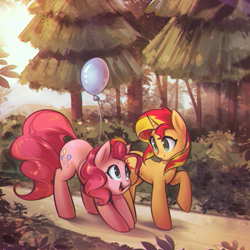 Size: 3213x3213 | Tagged: safe, artist:mirroredsea, pinkie pie, sunset shimmer, earth pony, pony, unicorn, balloon, bent over, cute, cutie mark, diapinkes, duo, eye contact, female, forest, looking at each other, mare, nature, open mouth, raised hoof, scenery, shimmerbetes, smiling, tree