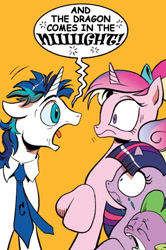 Size: 365x549 | Tagged: safe, idw, princess cadance, shining armor, spike, twilight sparkle, alicorn, dragon, pony, unicorn, spoiler:comic, exploitable meme, homestar runner, meme, screaming armor, strong bad, trogdor, younger