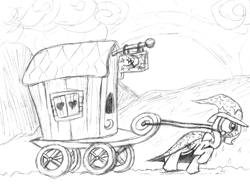 Size: 962x725 | Tagged: safe, artist:mj-mysteriousjeff, derpibooru import, trixie, pony, unicorn, female, mare, monochrome, pulling, solo, sweat, trixie's wagon, wagon