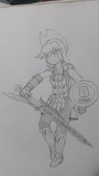 Size: 1152x2048 | Tagged: safe, applejack, equestria girls, final fantasy, monochrome, pencil drawing, shield, solo, sword, traditional art, weapon