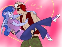 Size: 1024x768 | Tagged: safe, artist:sugarmask, princess luna, vice principal luna, oc, oc:hyper active, equestria girls, abs, blushing, bridal carry, canon x oc, clothes, eye contact, heart, humanized oc, ponied up, shipping, sunglasses, vest, winged humanization