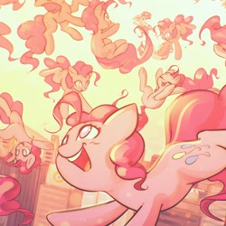 Size: 1200x1200 | Tagged: safe, artist:mirroredsea, pinkie pie, earth pony, pony, too many pinkie pies, building, city, cityscape, clone, clones, falling, female, mare, multeity, open mouth, skyscraper, skyscrapers, smiling, too much pink energy is dangerous, xk-class end-of-the-world scenario