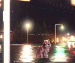 Size: 1500x1270 | Tagged: safe, artist:mirroredsea, edit, pinkie pie, earth pony, pony, alternate hairstyle, blushing, cute, cuteamena, diapinkes, female, house, lamppost, looking at you, mare, night, pinkamena diane pie, question, question mark, road, short mane, sky, solo, stars, street, text, text edit, traffic light, worried