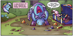 Size: 1280x639 | Tagged: safe, artist:agnesgarbowska, derpibooru import, idw, trixie, pony, friends forever, spoiler:comic, spoiler:comicff6, cape, clothes, coward, crying, female, gem, hat, liar, mare, mud, mud puddle, official comic, solo, speech bubble, trixie's cape, trixie's hat