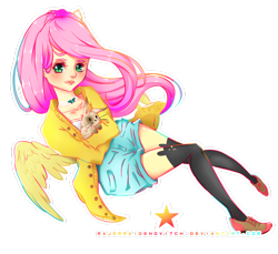 Size: 1024x937 | Tagged: safe, artist:majorraidenovitch, fluttershy, human, rabbit, butt wings, clothes, humanized, shirt, shorts, socks, solo, sweater, sweatershy, thigh highs, winged humanization