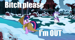 Size: 626x340 | Tagged: safe, derpibooru import, clover the clever, princess platinum, rarity, twilight sparkle, pony, unicorn, bitch please, image macro, vulgar