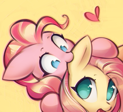 Size: 1220x1109 | Tagged: safe, artist:mirroredsea, fluttershy, pinkie pie, earth pony, pegasus, pony, biting, cute, diapinkes, ear bite, female, floating heart, flutterpie, heart, lesbian, looking up, mare, nom, open mouth, shipping, shyabetes, simple background, smiling, surprised, wide eyes, yellow background