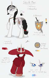 Size: 1019x1605 | Tagged: safe, artist:ravenpuff, oc, oc:shield mare, pony, unicorn, clothes, eye scar, female, frown, hat, looking up, mare, raised hoof, reference sheet, scar, shield, sun hat, sword, weapon