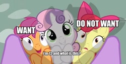 Size: 628x318 | Tagged: safe, derpibooru import, apple bloom, scootaloo, sweetie belle, twilight sparkle, cutie mark crusaders, image macro, reaction image