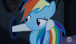 Size: 997x569 | Tagged: safe, derpibooru import, screencap, rainbow dash, rarity, pegasus, pony, unicorn, castle mane-ia, season 4, glory hole, hole, hooves, hub logo, hubble