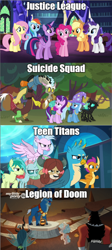 Size: 640x1426 | Tagged: safe, derpibooru import, edit, edited screencap, screencap, applejack, cozy glow, discord, fluttershy, gallus, grogar, lord tirek, ocellus, pinkie pie, queen chrysalis, rainbow dash, rarity, sandbar, silverstream, smolder, starlight glimmer, thorax, trixie, twilight sparkle, twilight sparkle (alicorn), yona, alicorn, changedling, changeling, changeling queen, draconequus, dragon, earth pony, griffon, pegasus, pony, unicorn, yak, equestria girls, rainbow rocks, school raze, the beginning of the end, to where and back again, caption, comparison, crystal ball, dc comics, female, filly, grogar's orb, justice league, legion of doom, mane six, student six, suicide squad, teen titans