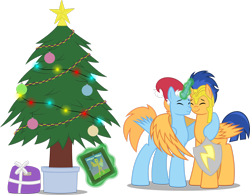 Size: 2769x2165 | Tagged: safe, artist:chrzanek97, flash sentry, oc, oc:harmony star, alicorn, alicorn oc, christmas, christmas tree, duo, hat, holiday, hug, present, santa hat, shield, simple background, transparent background, tree, winghug