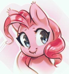 Size: 1114x1201 | Tagged: dead source, safe, artist:mirroredsea, pinkie pie, earth pony, pony, cute, cute little fangs, fangs, female, mare, smiling, solo