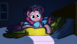 Size: 1122x652 | Tagged: safe, artist:rannva, carrot cake, cup cake, pinkie pie, earth pony, pony, bed, bisexual, cakepie, carrot cup, carrotpie, cuddling, door, female, lesbian, male, night, ot3, shipping, sleeping, snuggling, straight