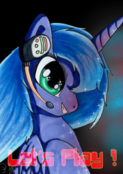 Size: 1600x2263 | Tagged: safe, artist:panhaukatze, princess luna, alicorn, pony, gamer luna, grin, headphones, s1 luna, solo, traditional art