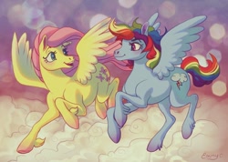 Size: 700x498 | Tagged: safe, artist:emmyc, fluttershy, rainbow dash, horse, pegasus, pony, blushing, cloud, cloudy, cute, duo, eye contact, female, flying, mare, smiling, spread wings, unshorn fetlocks