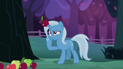 Size: 1280x720 | Tagged: safe, derpibooru import, screencap, trixie, uncommon bond, apple, food, horn impalement, solo, wavy mouth