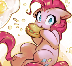 Size: 1404x1302 | Tagged: safe, artist:mirroredsea, pinkie pie, earth pony, pony, burger, cute, diapinkes, eating, female, floppy ears, food, hay burger, hooves, looking at you, mare, solo