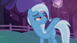 Size: 1280x720 | Tagged: safe, derpibooru import, screencap, trixie, pony, uncommon bond, cup, lidded eyes, solo, teacup, that pony sure does love teacups, transformation