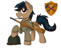 Size: 2556x2040 | Tagged: safe, artist:oddball52, oc, oc only, oc:strong hammer, earth pony, pony, clothes, earth pony oc, grin, gun, hammer, hat, m1 garand, male, raised hoof, reference sheet, rifle, shield, simple background, smiling, solo, stallion, sword, transparent background, weapon