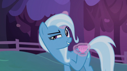 Size: 1280x720 | Tagged: safe, derpibooru import, screencap, trixie, pony, uncommon bond, cup, magic, solo, teacup, telekinesis, that pony sure does love teacups