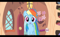 Size: 960x600 | Tagged: safe, screencap, rainbow dash, pegasus, pony, it's about time, hub logo, youtube caption