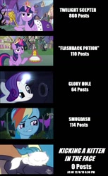 Size: 812x1324 | Tagged: safe, derpibooru import, rainbow dash, rarity, twilight sparkle, twilight sparkle (alicorn), alicorn, pegasus, pony, unicorn, castle mane-ia, daring don't, princess twilight sparkle (episode), season 4, female, flashback potion, glory hole, kicking a kitten in the face, kitten, mare, mitsy, smugdash, tempting fate, twilight scepter