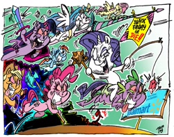 Size: 1280x1008 | Tagged: safe, artist:grotezco, derpibooru import, applejack, fluttershy, pinkie pie, princess celestia, rainbow dash, rarity, spike, twilight sparkle, twilight sparkle (alicorn), alicorn, dragon, earth pony, pegasus, pony, unicorn, assault, axe, battle axe, black friday, bomb, brass knuckles, charging, determined, dust cloud, evil grin, female, fishing rod, flying, gem, green background, grin, hammer, lance, mace, male, mane seven, mane six, missile, red eyes, riding, riding dragon, shield, simple background, smiling, spear, sword, this will not end well, tongue out, walmart, weapon