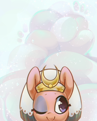Size: 1302x1616 | Tagged: safe, artist:mirroredsea, somnambula, pegasus, pony, abstract background, c:, cloud, cut, cute, female, head, head only, mare, one eye closed, peeking, smiling, solo, somnambetes, wink