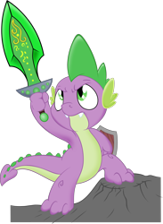 Size: 1964x2676 | Tagged: safe, artist:clockwork2, artist:dfectivedvice, spike, dragon, action pose, armpits, male, shield, simple background, solo, sword, transparent background, vector, weapon