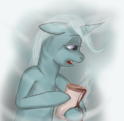 Size: 1050x1024 | Tagged: safe, artist:bitterjitters, derpibooru import, trixie, pony, unicorn, addiction, coffee, female, mare, solo