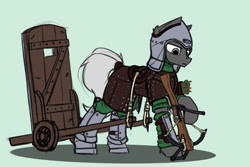 Size: 1649x1101 | Tagged: safe, artist:dipfanken, earth pony, pony, armor, crossbow, green background, helmet, leather armor, male, mantlet, shield, simple background, solo, stallion