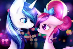 Size: 3000x2000 | Tagged: safe, artist:mrsremi, princess cadance, shining armor, alicorn, pony, unicorn, blushing, bow, bust, date, duo, female, floppy ears, hair bow, looking at each other, male, mare, night, stallion, straight, younger