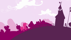 Size: 1920x1080 | Tagged: safe, artist:moabite, pinkie pie, earth pony, pony, cloud, female, hooves, lineless, mare, minimalist, ponyville, ponyville schoolhouse, school, silhouette, solo, wallpaper