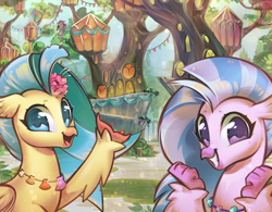 Size: 3502x2731 | Tagged: safe, artist:mirroredsea, princess skystar, silverstream, classical hippogriff, hippogriff, my little pony: the movie, cousins, cute, diastreamies, female, grin, hippogriffia, looking at you, mount aris, skyabetes, smiling