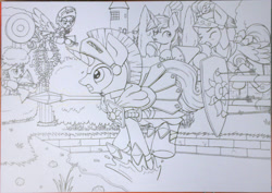 Size: 1800x1275 | Tagged: safe, artist:xeviousgreenii, flash magnus, shining armor, oc, oc:cerise breeze, oc:diskette drives, oc:ginger mint, pegasus, pony, unicorn, armor, female, male, mare, monochrome, shield, sketch, spear, stallion, traditional art, weapon