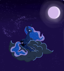 Size: 2217x2465 | Tagged: safe, artist:ink-dash, princess luna, alicorn, pony, cloud, moon, night, prone, solo