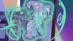 Size: 1280x720 | Tagged: safe, derpibooru import, screencap, trixie, pony, uncommon bond, chains, implied starlight glimmer, levitation, magic, offscreen character, solo, telekinesis, teleportation