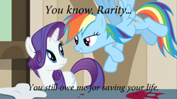 Size: 830x465 | Tagged: safe, screencap, rainbow dash, rarity, pegasus, pony, unicorn, the last roundup, caption, female, lesbian, raridash, shipping