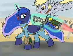 Size: 2048x1556 | Tagged: safe, artist:wingcommanderrudoji, derpy hooves, princess luna, alicorn, pegasus, pony, crossover, cutie mark, dead tree, energy weapon, fallout, fallout 4, female, flying, glowing horn, gun, hooves, horn, laser rifle, levitation, magic, mare, open mouth, outdoors, pipboy, spread wings, telekinesis, tree, vault suit, wasteland, weapon, wings