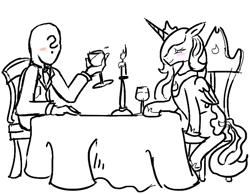 Size: 582x452 | Tagged: artist needed, safe, princess luna, oc, oc:anon, human, alcohol, black and white, blushing, candle, date, food, grayscale, lineart, monochrome, neo noir, partial color, wine