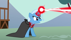 Size: 1280x720 | Tagged: safe, derpibooru import, screencap, trixie, pony, unicorn, magic duel, alicorn amulet, cloak, clothes, female, magic, magic blast, mare, solo