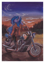 Size: 1024x1420 | Tagged: safe, artist:satynapaper, princess luna, anthro, boots, clothes, gouache, motorcycle, night, painting, solo, traditional art