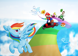 Size: 1403x1014 | Tagged: safe, artist:darksearcher14, rainbow dash, pegasus, pony, crossover, fireball, koopa shell, luigi, mario, mario kart, princess peach, rainbow road, super mario bros.